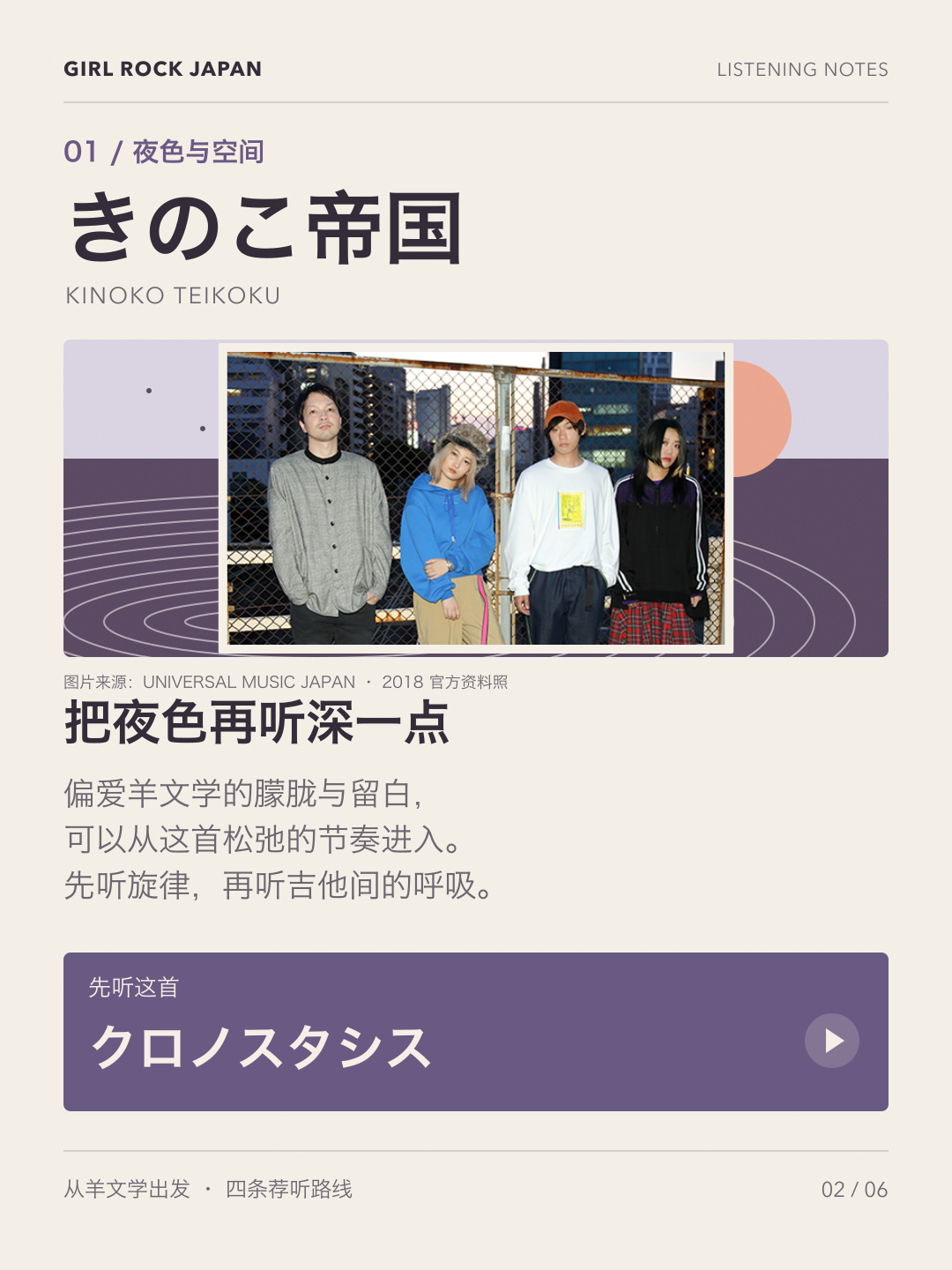 きのこ帝国真实资料照与荐听卡：把夜色再听深一点，先听クロノスタシス。