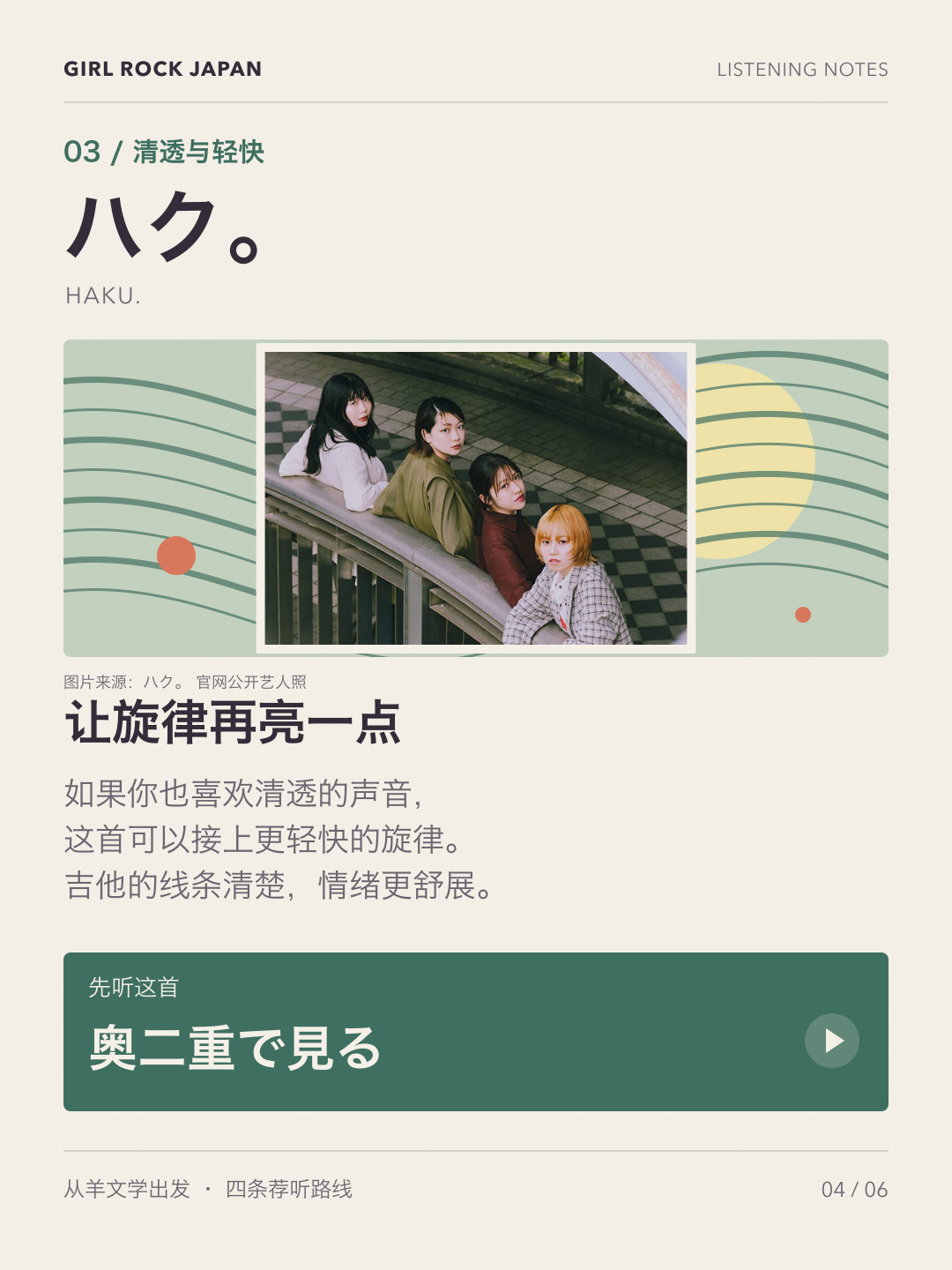 ハク。真实照片与荐听卡：让旋律再亮一点，先听奥二重で見る。