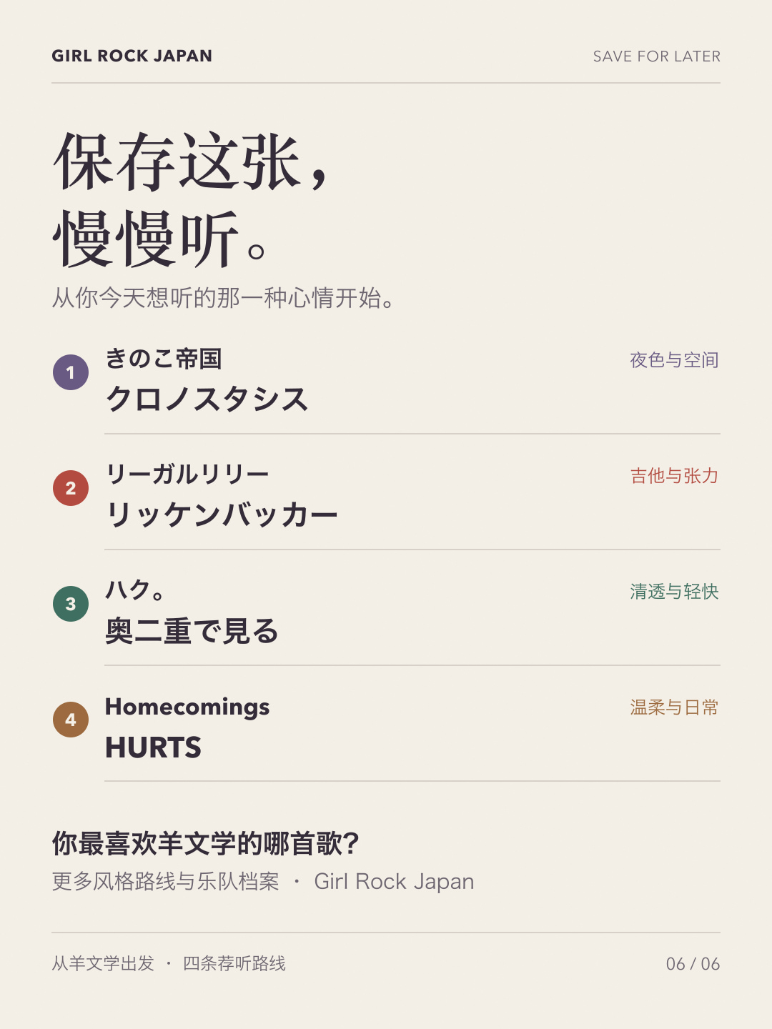 四首入门曲清单：きのこ帝国 クロノスタシス；リーガルリリー リッケンバッカー；ハク。 奥二重で見る；Homecomings HURTS。